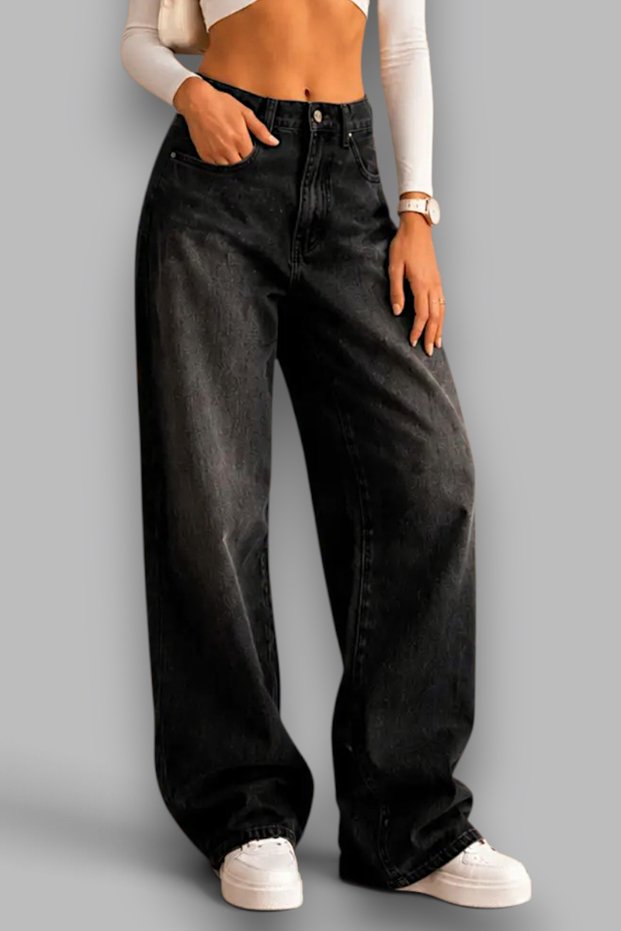 Women's Back Buckle Detailed Loose Fit Wide Leg Comfortable Baggy Jean Denim Loose Trousers