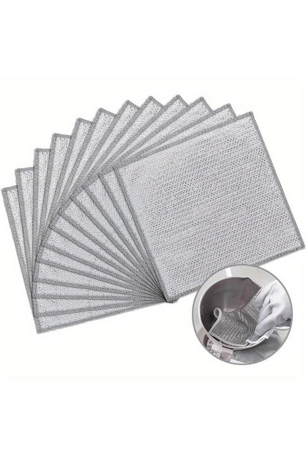 10pcs silvery Reusable Steel Wool Cloth, Washable Kitchen Bathroom Restaurant Cleaning Supplies, Squ