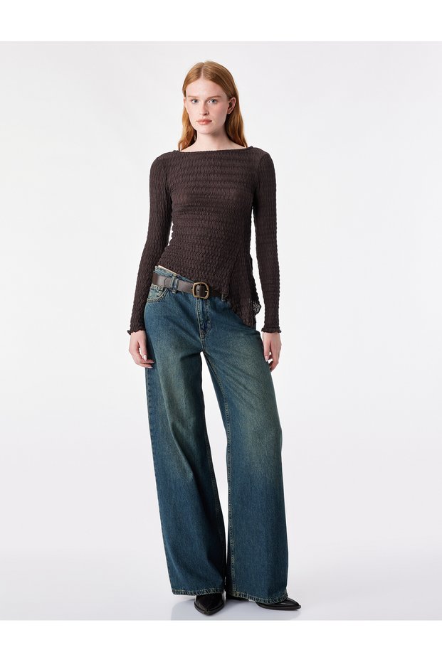 Slim Fit Crinkled Textured Crew-Neck Long-Sleeve Asymmetrical T-Shirt