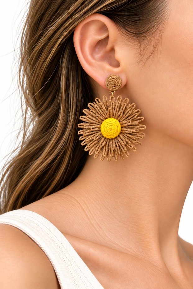 Straw Brown Yellow Daisy Dangle Earrings