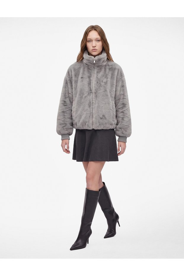 High Collar Long Sleeve Faux Fur Jacket with Zipper Pockets
