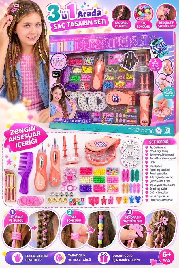 Hair Braiding and Beading Design Set 3 in 1 Kids Hairdresser Hair Decoration Set
