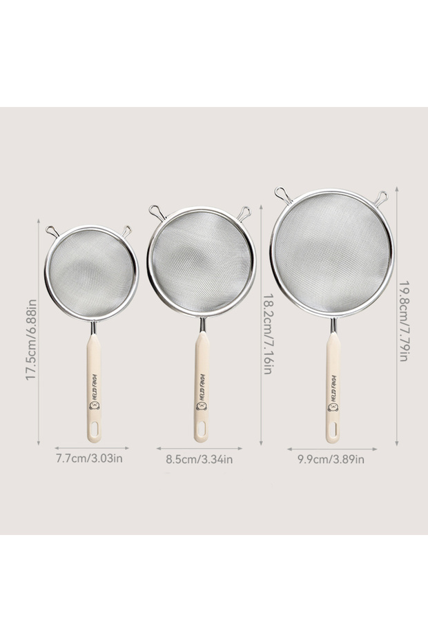 3PCS Beige Durable 304 Stainless Steel Residue Filter With Plastic Handle Fine Mesh Strainer Flour S