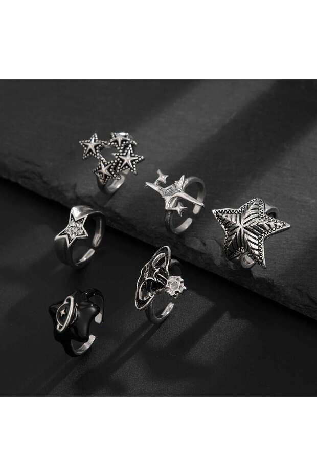 Set 3 KunJoe 6Pcs/Set Vintage Silver Color Star Open Ring Set for Men Punk Geometric Adjustable Fing