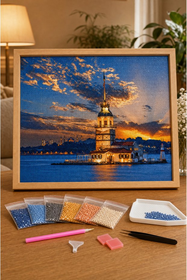 Diamond painting puzzle kit, girl's tower at sunset 40x50 cm mosaic
