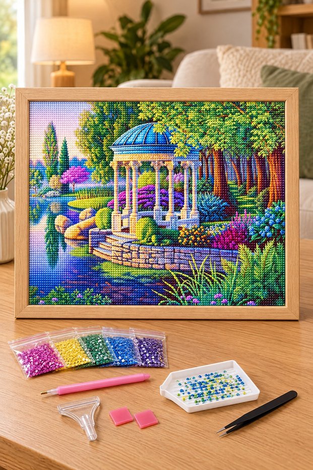 Diamond Painting Puzzle Kit, White Gazebo in the Garden 50X65 cm Mosaic