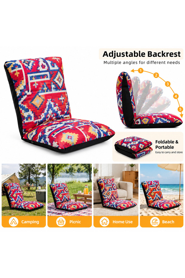 Folding Floor Chair Adjustable Backrest Portable Seat Cushion for Camping Picnic Home