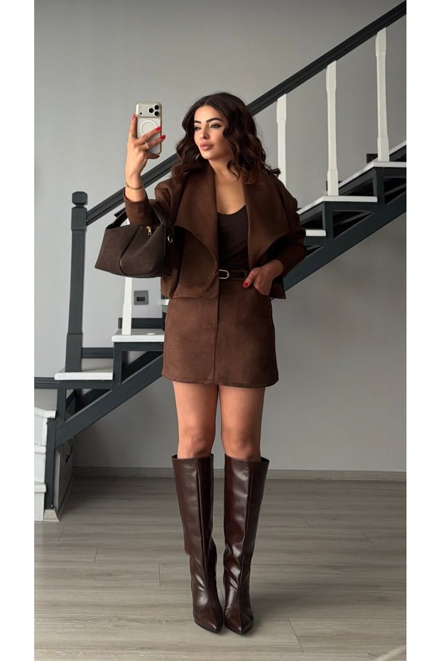 Coffee premium belted suede mini skirt