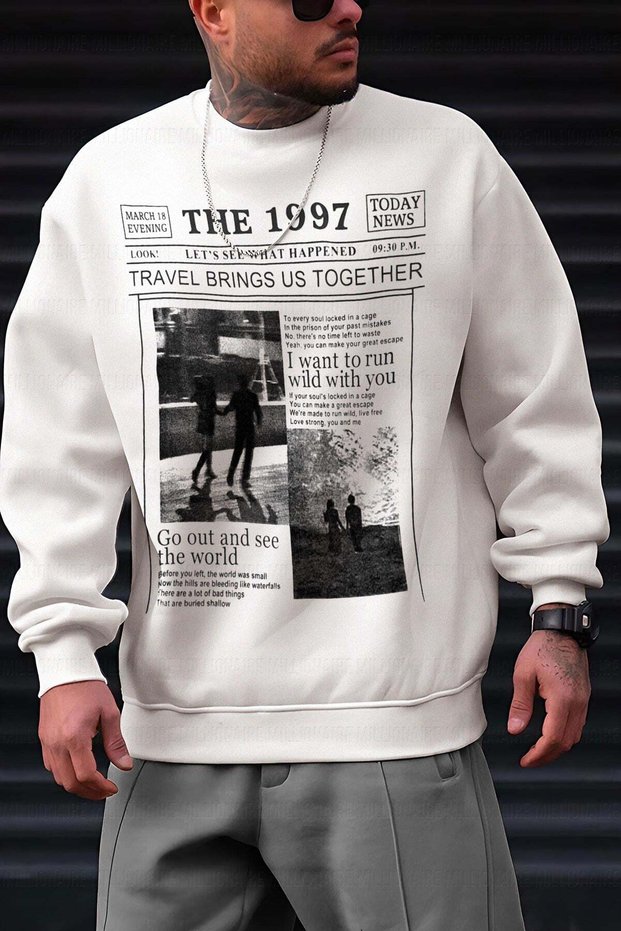 Men's Ecru Off-White 1997 Printed Crew Neck Oversized Embossed Sweatshirt