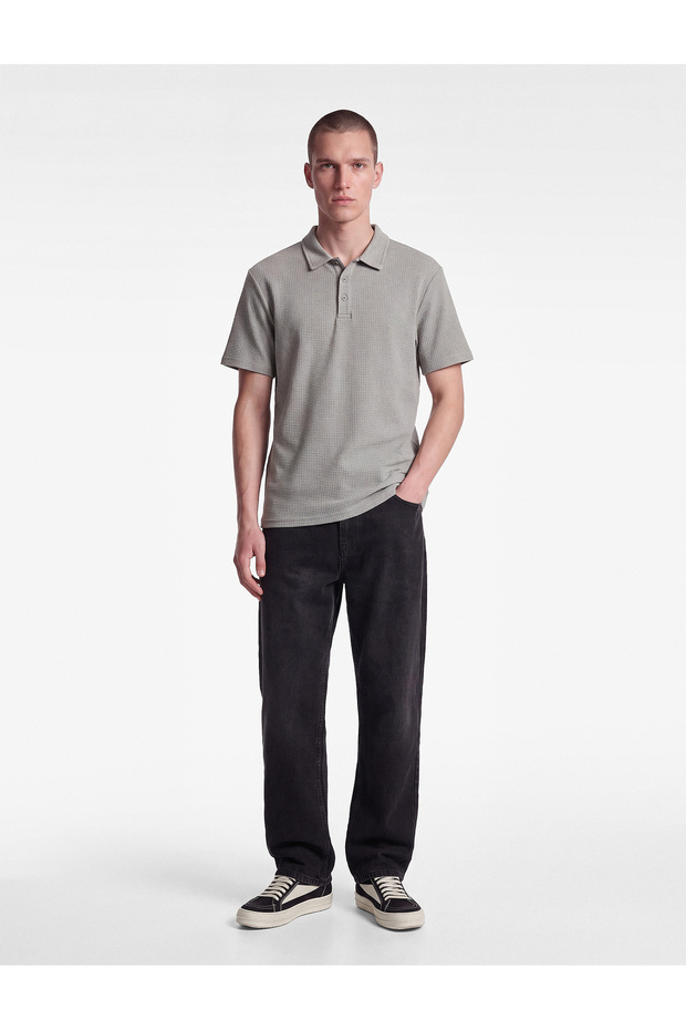 Cotton Waffle Textured Regular Fit Short Sleeve Buttoned Polo Collar T-Shirt