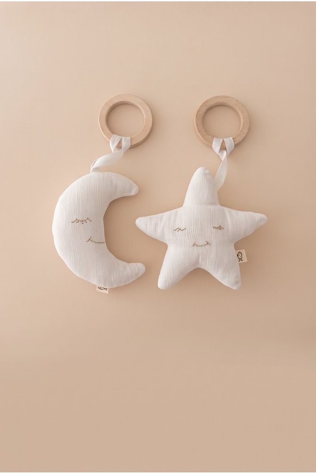 Moon-Star 100% Cotton Muslin Natural Wooden Teether with Toys / Baby Room Decor