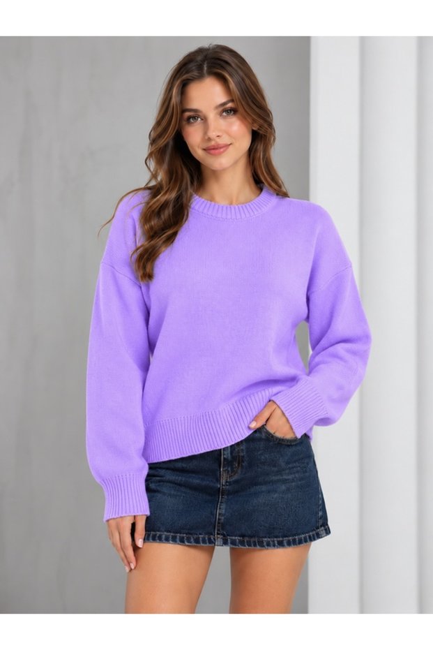 Lavender Crew Neck Oversized Women's Knit Sweater