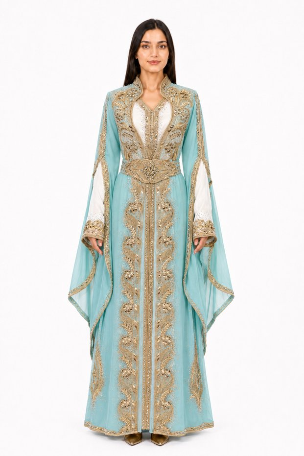 Women's Long Shiny Stone Detailed Two-Piece Kaftan