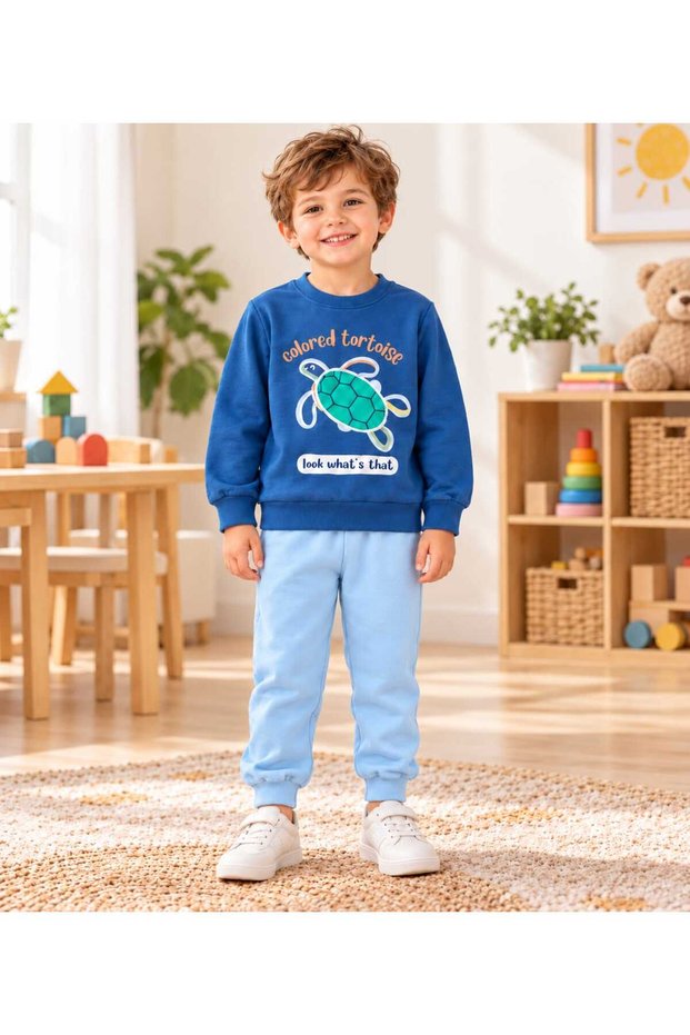 2 İpilks 100% Cotton Top and Bottom Children's Set with Turtle Pattern, Suitable for Boys' Kindergarten & Nursery