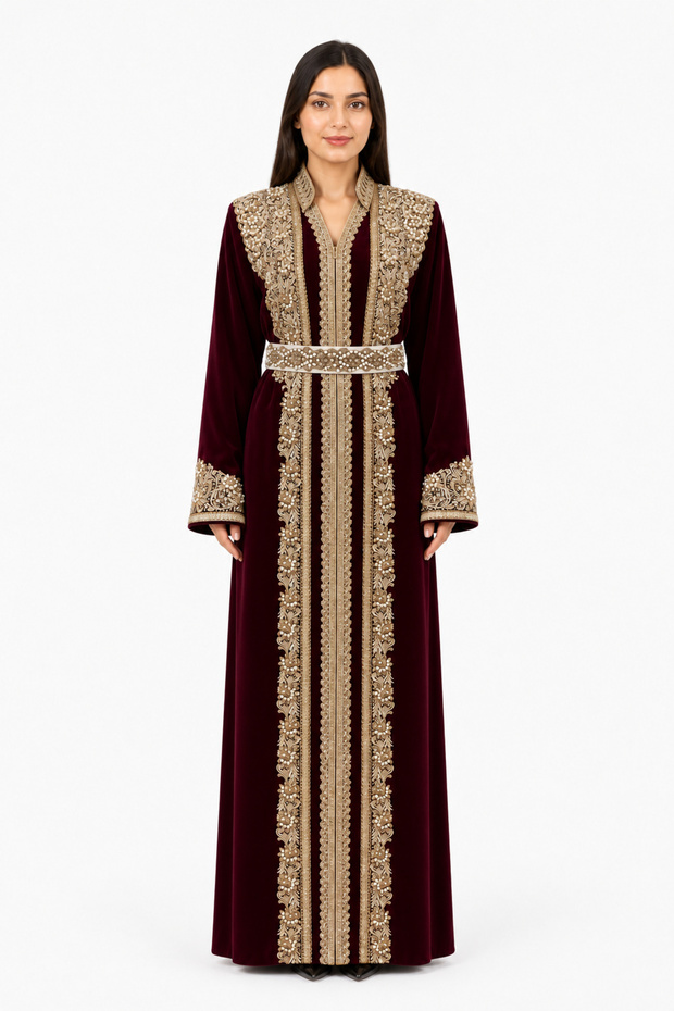 Women's Long Caftan with Shiny Stones and Pearl Work