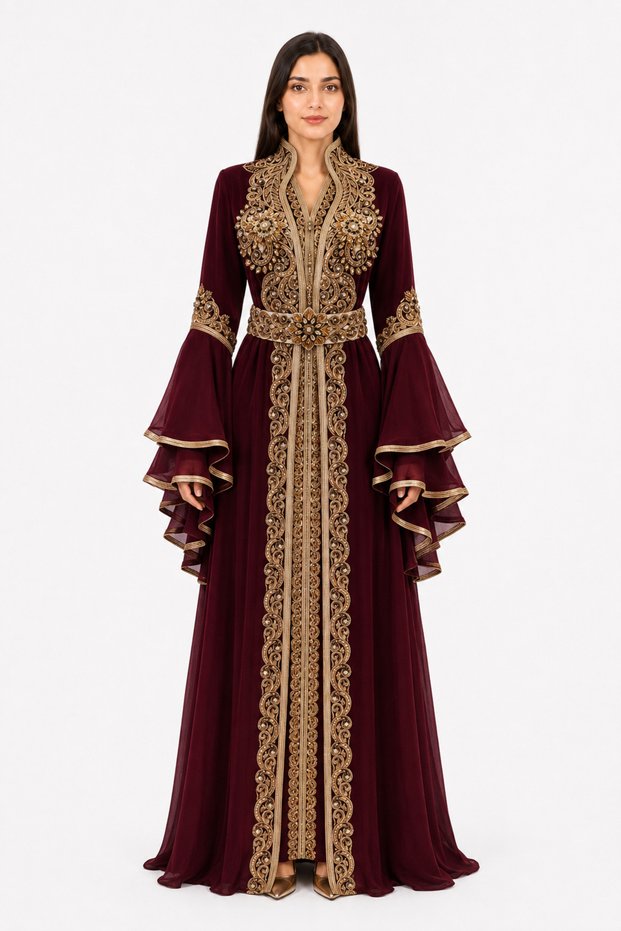 Women's Long Caftan with Hand Embellishments and Shiny Stones Work Butterfly Sleeves