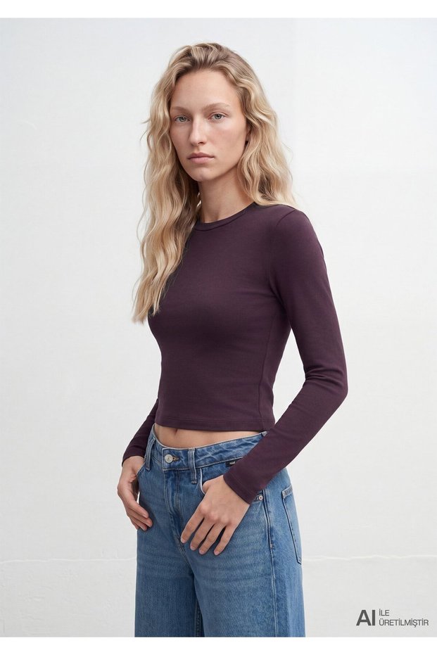Long Sleeve Purple Crop Basic T-Shirt Crop / Short Cut 1612822-70635