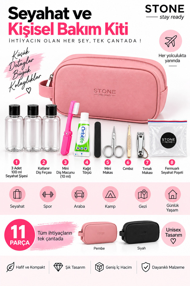Stone 11 Piece Travel Set - with Vegan Leather Bag - Powder Pink