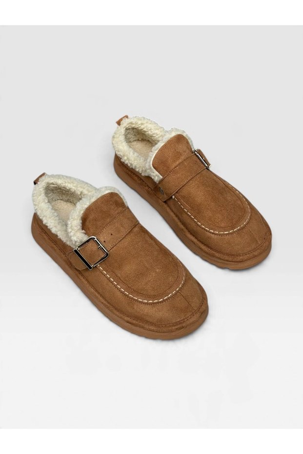 Tan Suede (Jales) Women's Sabo Slippers with Fur Inside and Buckle Detail
