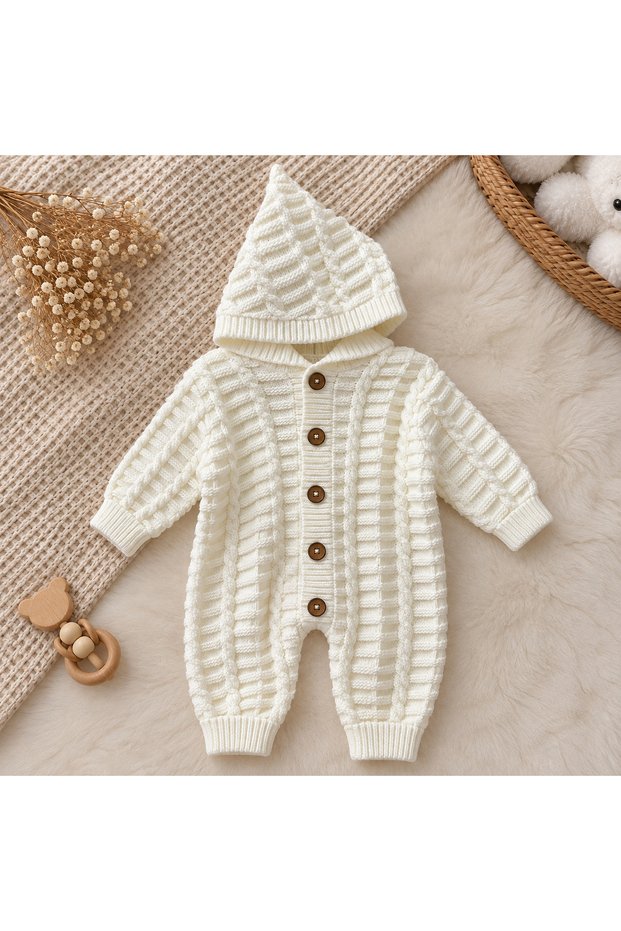 Baby Knitted and Striped Patterned Hooded Buttoned Knitwear Jumpsuit
