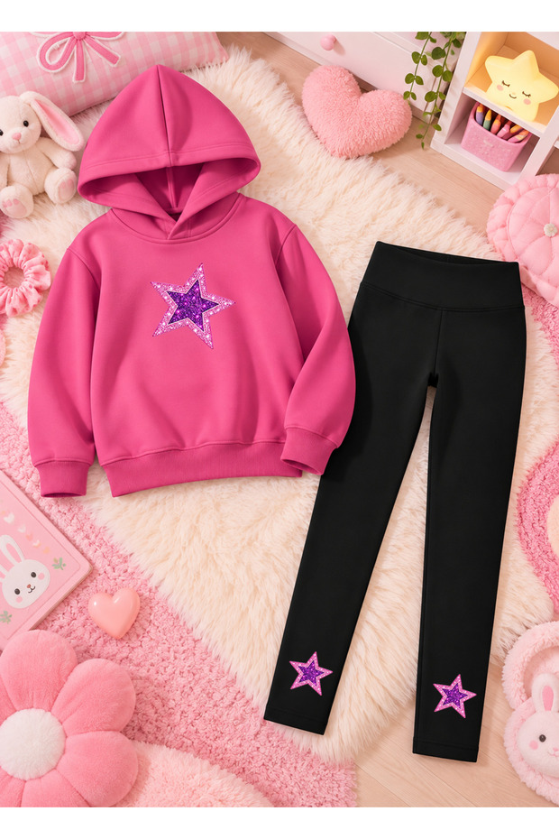 Girl's Hooded Sweatshirt, Straight-Leg Leggings Set, Printed 3-Yarn Rastered Winter Comfortable Fit Set