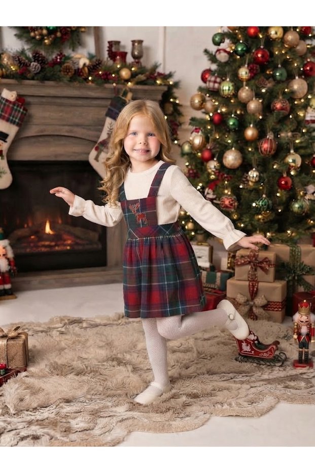 Plaid Deer Embroidered Salopet 2-Piece Set New Year's Eve
