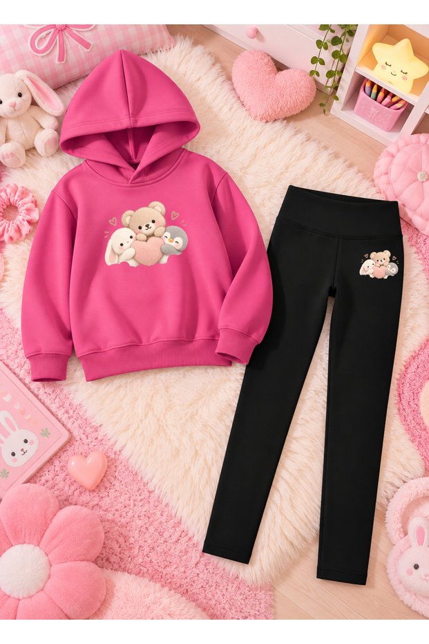 Girl's Hooded Sweatshirt, Straight-Leg Leggings Set, Printed 3-Yarn Rastered Winter Comfortable Fit Set