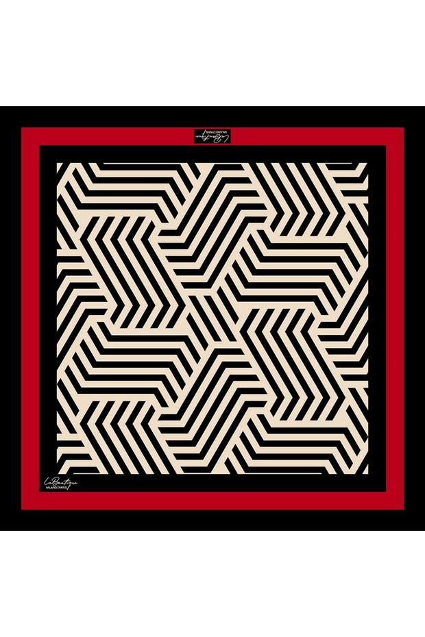 Tivil Pure Silk Scarf 1104 02 Black Ecru Red Line Pattern