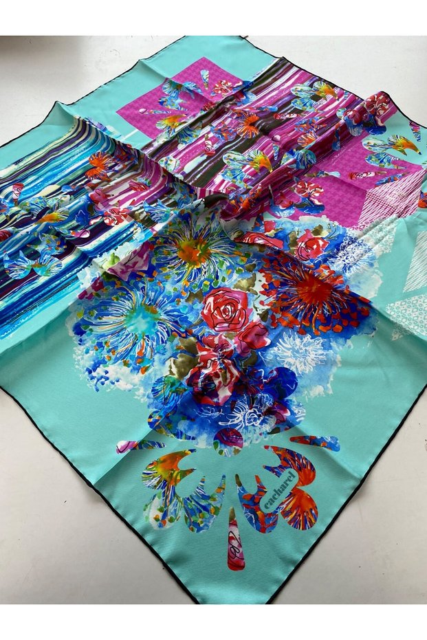 Tivil Silk Scarf 4214701 - 311 Turquoise Floral Pattern