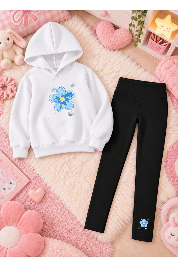 Girl's Hooded Sweatshirt, Straight-Leg Leggings Set, Printed 3-Yarn Rastered Winter Comfortable Fit Set