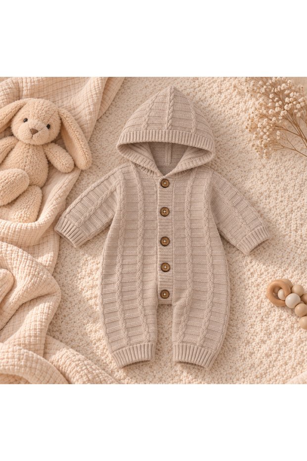 Baby Knitted and Striped Patterned Hooded Buttoned Knitwear Jumpsuit