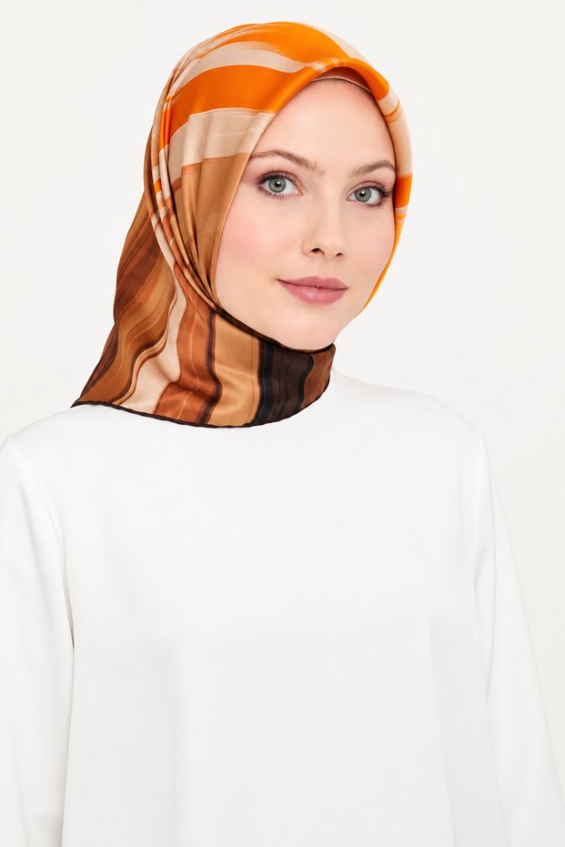 Pure Tivil Silk Scarf 9131 - 50 Brown - Orange Brush Pattern