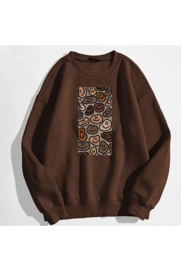 Smile Printed Cotton 3 Thread Threaded Crew Neck Oversize Sweatshirt
