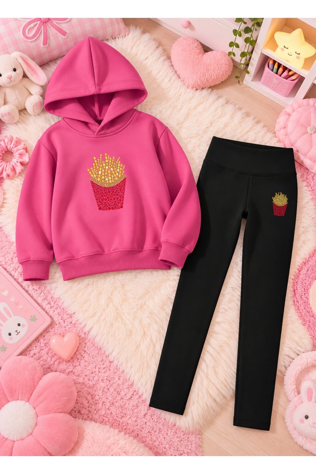 Girl's Hooded Sweatshirt, Straight-Leg Leggings Set, Printed 3-Yarn Rastered Winter Comfortable Fit Set