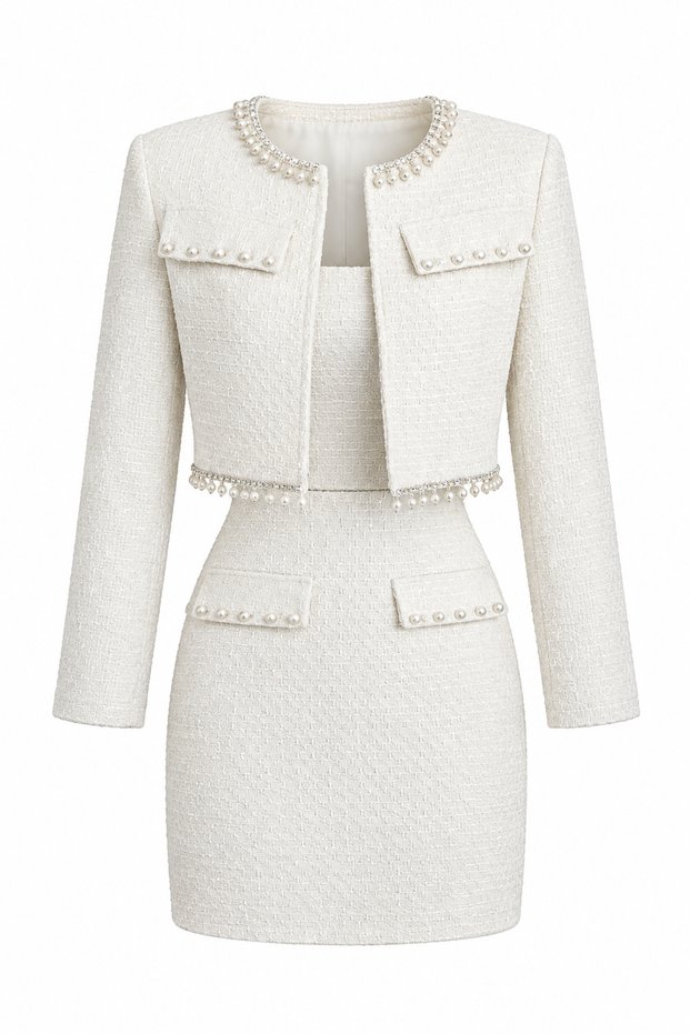Stone and Pearl Detailed Mini Dress and Crop Jacket Premium Tweed Set