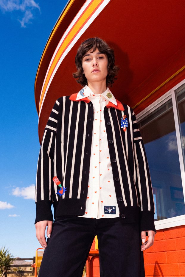 Women's Black Striped Loose Fit Polo Collar Cardigan