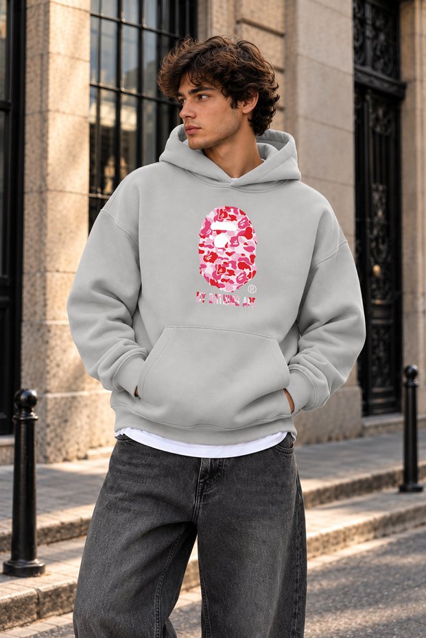 Unisex Bathing Ape Printed Oversize Loose Cut Cotton 3 Thread Threaded Ice Gray Hooded Sweatshirt