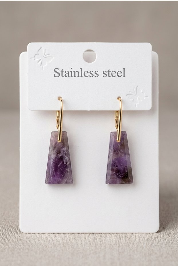 Rectangular Shape Amethyst Natural Stone Steel Earrings