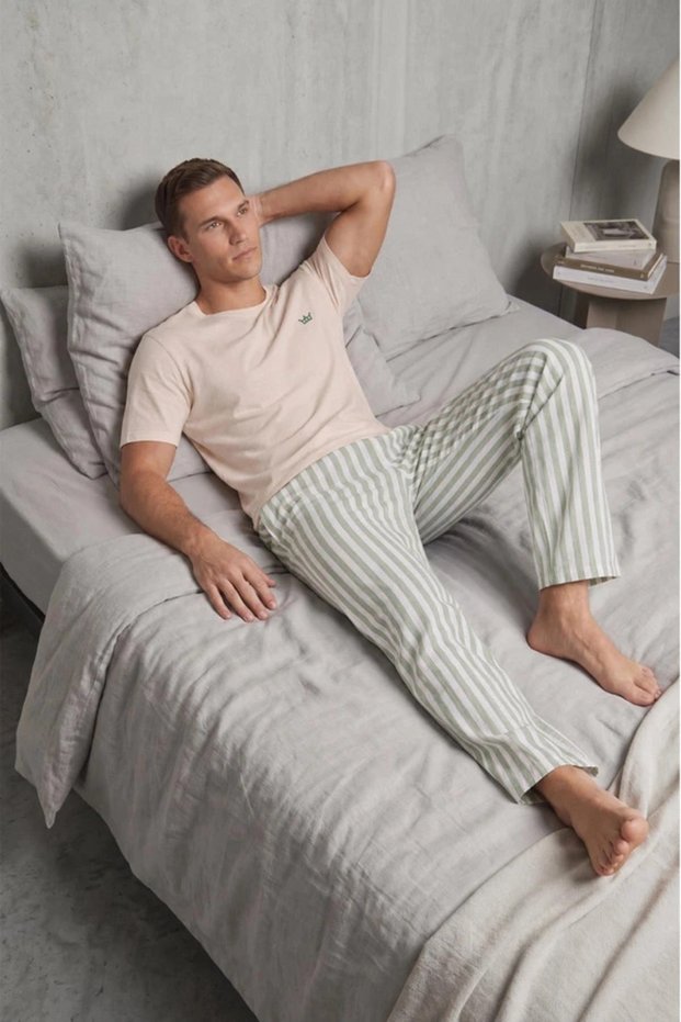 Men's Cotton Striped Pajama Set Beige-Ada Tea