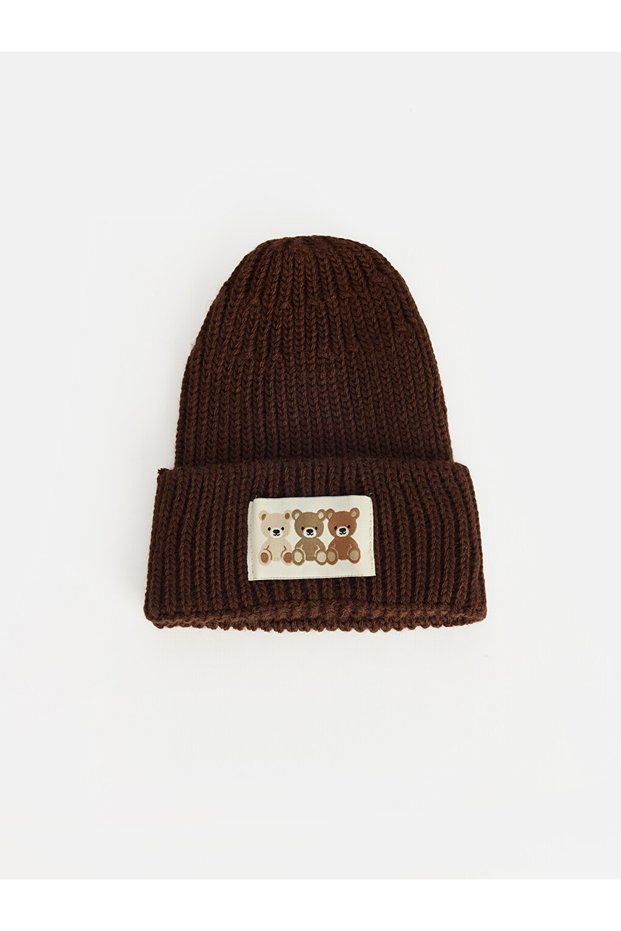 Brown Teddy Bear Embroidered Baby Boy Knitted Beanie
