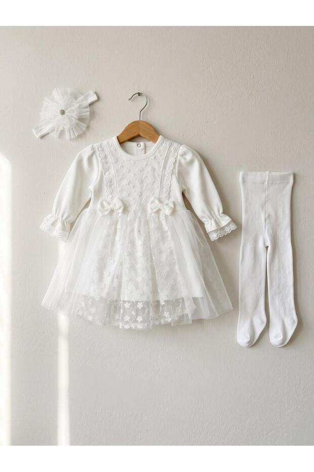 Baby Girl Mevlütlük Dress Set of 3 with Bandana and Lace Newborn Hospital-Issued Wedding Dress Evening Dress Mevlitlik 100% Cotton 1068