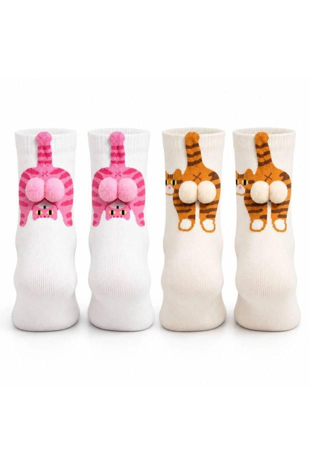 Women's Set of 2 Cat Patterned Pompom Socks | Pink Orange 3D Figured Cute Socks Models