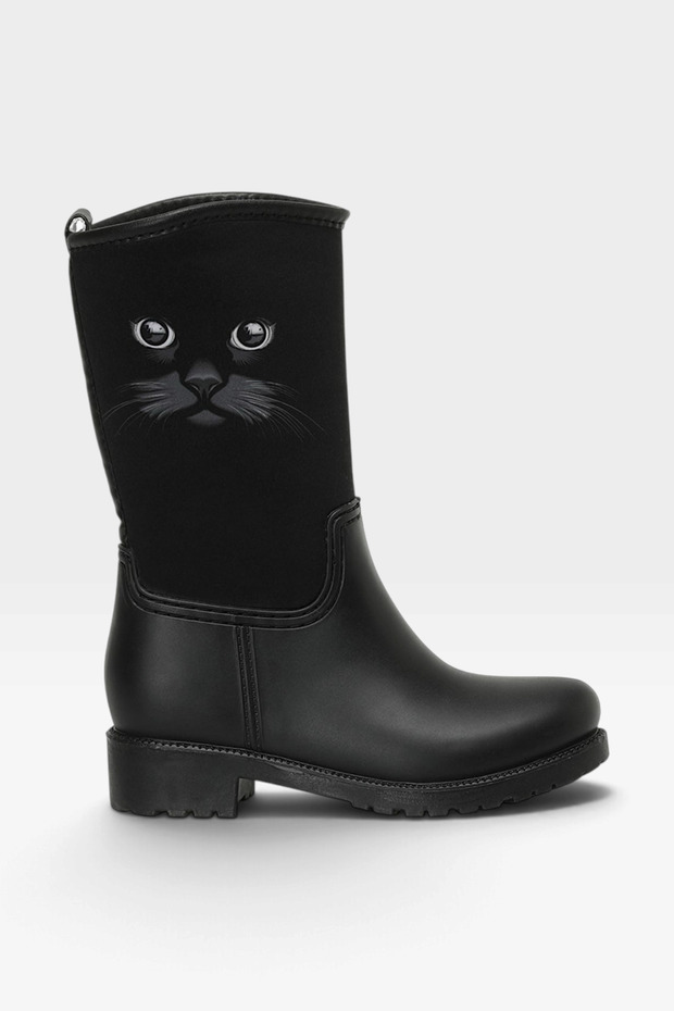 Printed Plush Waterproof Girls' Rain Boots Black