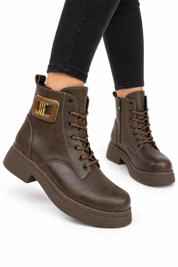 Women's Cold-Proof Lace-Up Detailed Boots Brown-Silver