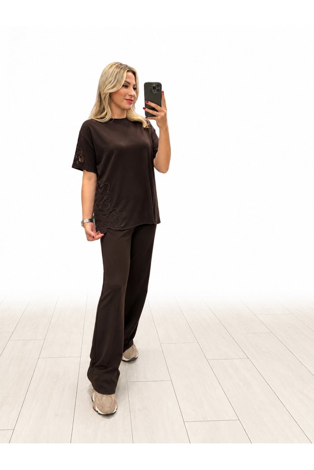 Women's Brown Embroidered Casual Stylish Two-Piece Set