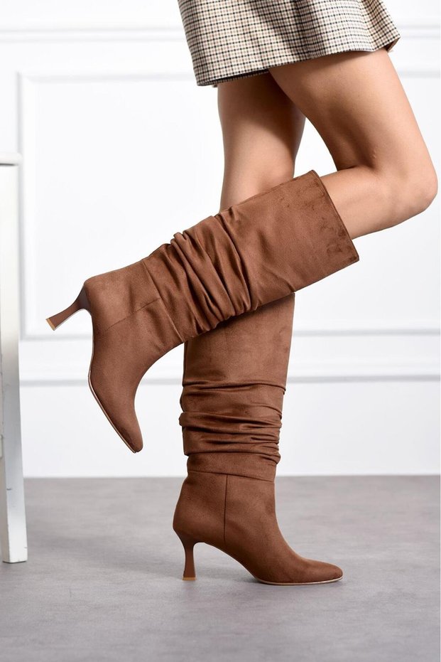 Women's Suede Boots with Gathered Bellows, Thin Heels, Pointed Toe, Below the Knee, Stylish Boots
