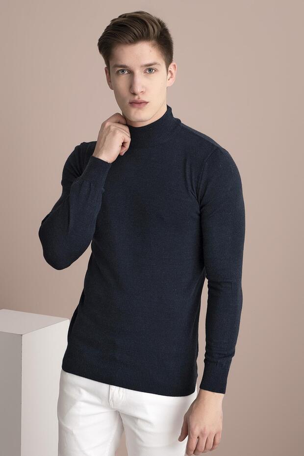 Men's Navy Blue Melange Half Turtleneck Basic Knitwear Sweater