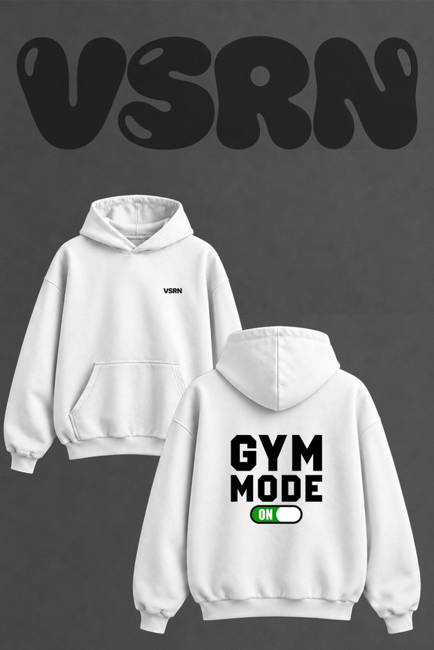 Gym Mode on Design Back Printed Oversize White Hooded Sweatshirt