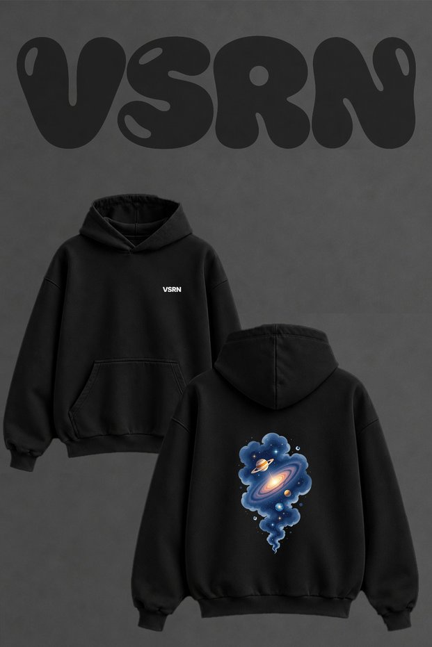 Cosmic Galaxy Design Back Printed Oversize Black Hooded Sweatshirt