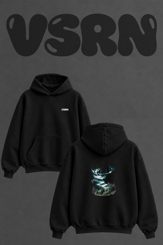 Deer Nature Design Back Printed Oversize Black Hooded Sweatshirt